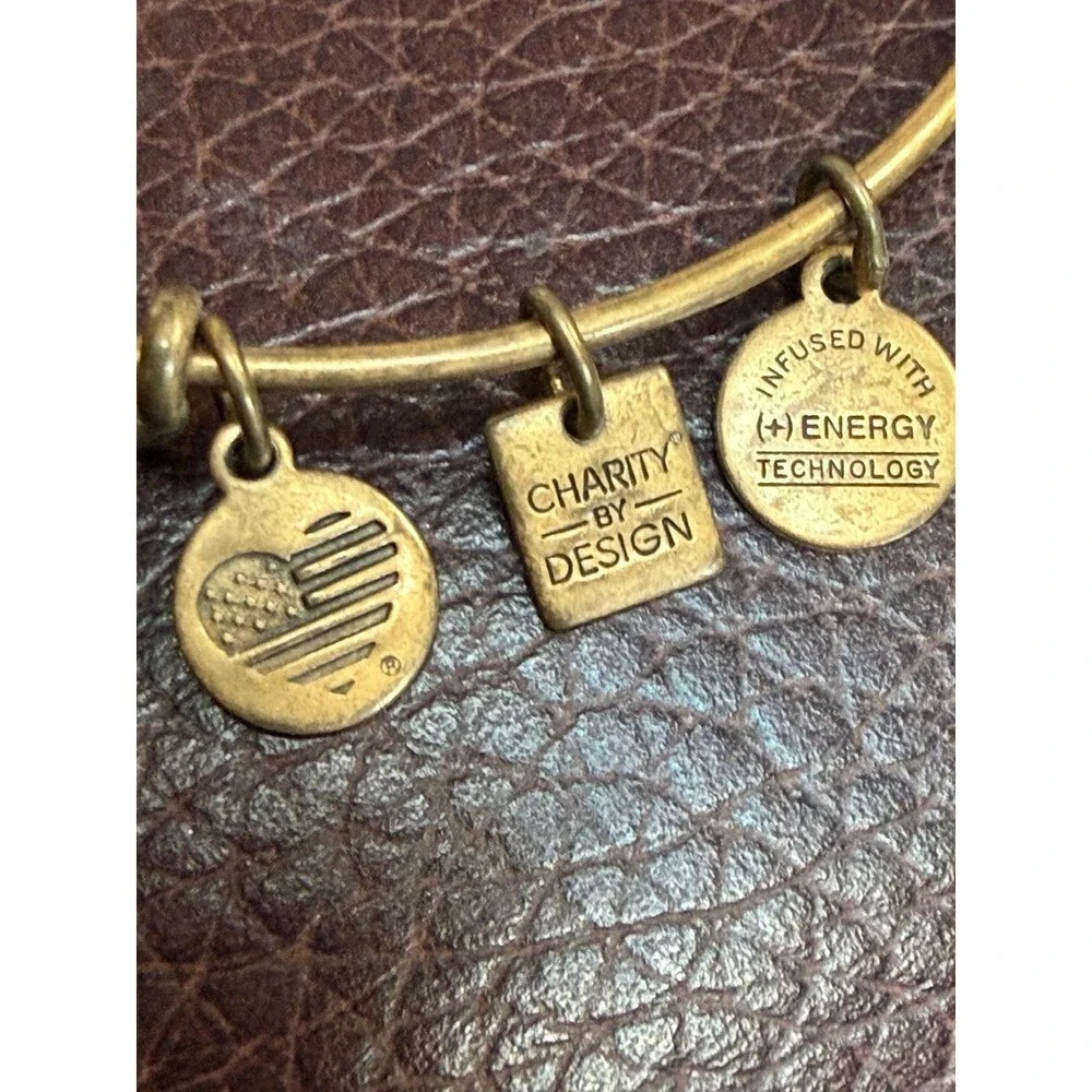 Alex and Ani Cowboy Boot charm bracelet featuring a gold-toned expandable bangle
